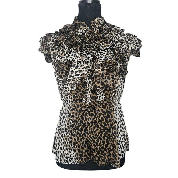Women's Leopard Print Sheer Ruffled Blouse, Size Small - Picture 1 of 17